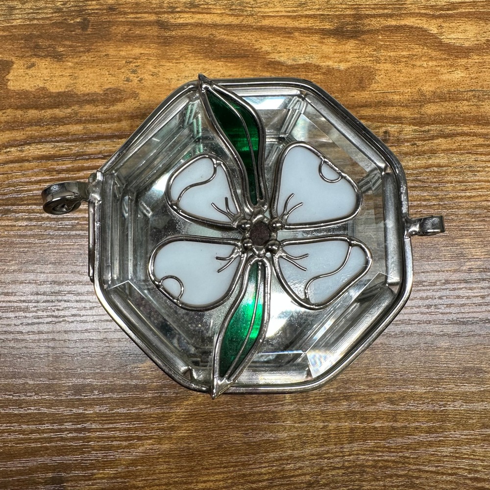 Vintage Octagonal‎ Beveled Glass Trinket Box Stained Glass Dogwood Flower Mirror